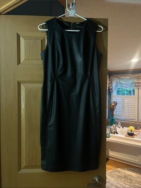 Calvin Klein Black Faux-Leather Midi Sheath Dress